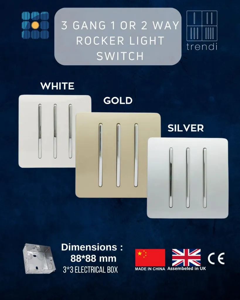 3 Gang 1 or 2 way Rocker Light Switch (White)