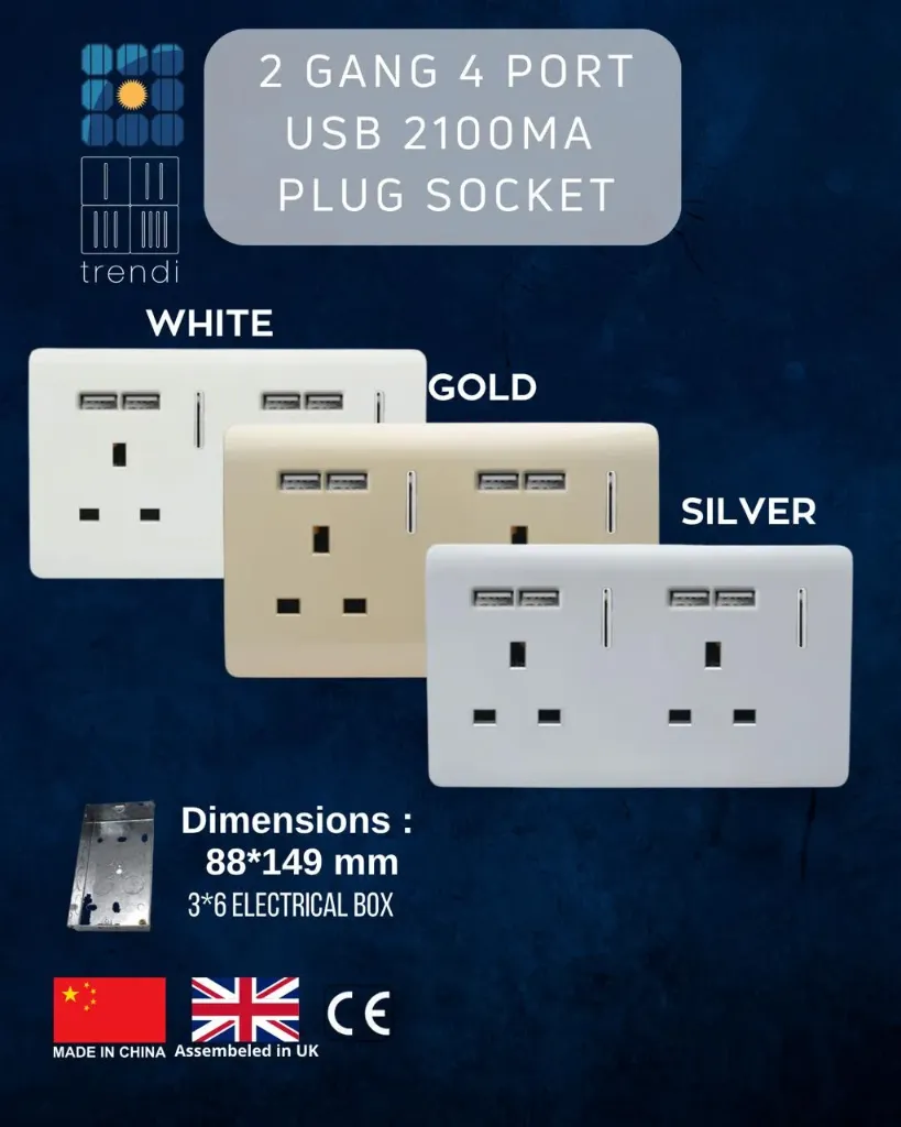 2 Gang 4 Port USB 2100mA  Plug Socket (White)
