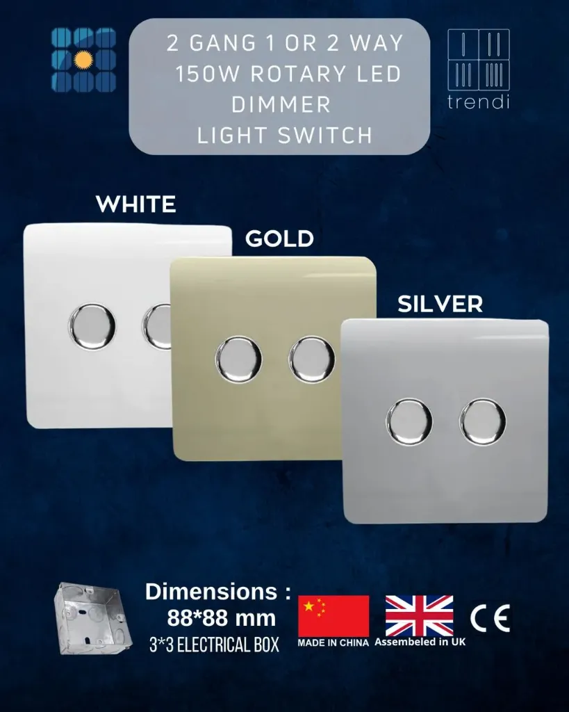 2 Gang 1 or 2 way  150w Rotary LED Dimmer  Light Switch (White)